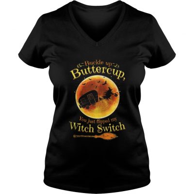 Halloween Camping buckle up buttercup you just flipped ladies v-neck