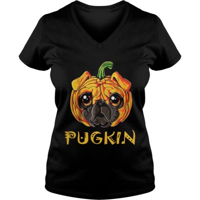 Pugkin Pug Pumpkin Halloween ladies v-neck