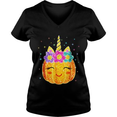 Cute Unicorn Pumpkin Halloween ladies v-neck