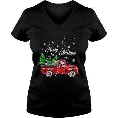 Snoopy driving christmas tree truck Merry Christmas Ladies VNeck