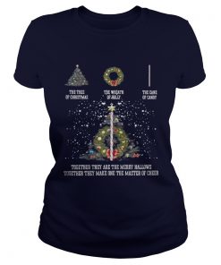 The tree of christmas the wreath of holly the cane of candy together they are the merry hallows Ladies Tee