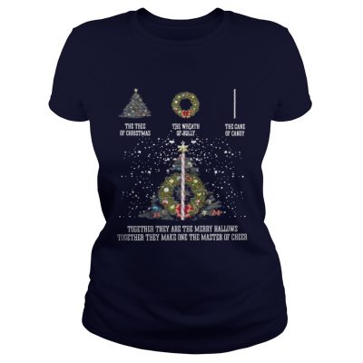 The tree of christmas the wreath of holly the cane of candy together they are the merry hallows Ladies Tee