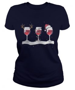 Wine glass Christmas of reindeer lights and Santa hat Ladies Tee