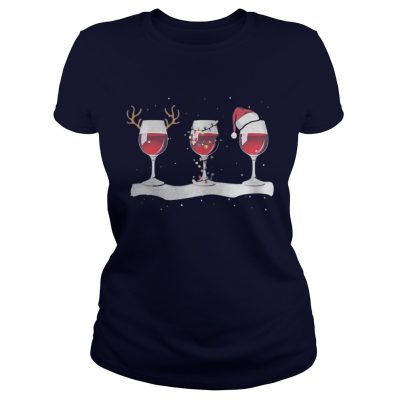 Wine glass Christmas of reindeer lights and Santa hat Ladies Tee