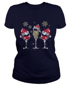 Drink wine diamond Santa hat Merry Christ ladies Tee