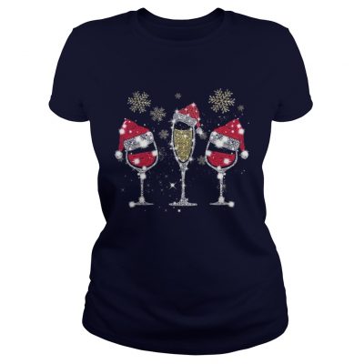 Drink wine diamond Santa hat Merry Christ ladies Tee