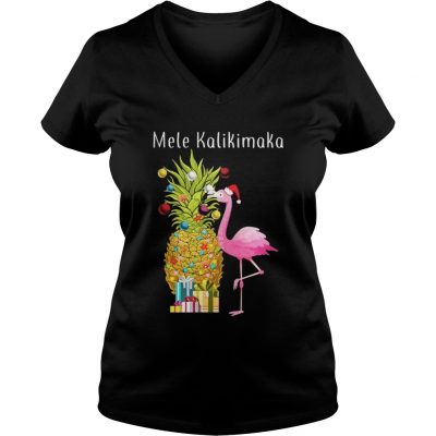 Flamingo peneapple Christmas tree Mele Kalikimaka VNeck