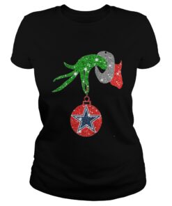 Grinch Hand Ornament Dallas Cowboys Glitter Christmas Ladies Tee