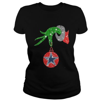 Grinch Hand Ornament Dallas Cowboys Glitter Christmas Ladies Tee