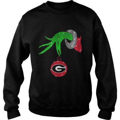 Grinch hand holding Georgia Bulldogs Glitter Christmas Sweatshirt