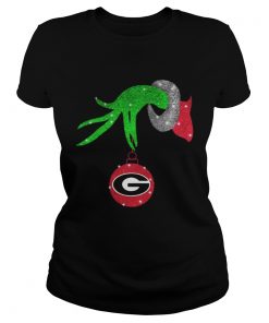 Grinch hand holding Georgia Bulldogs Glitter Christmas shirt Ladies Tee