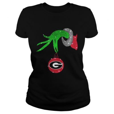 Grinch hand holding Georgia Bulldogs Glitter Christmas shirt Ladies Tee