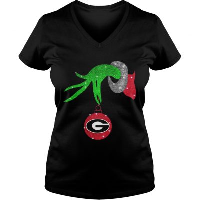 Grinch hand holding Georgia Bulldogs Glitter Christmas shirt VNeck