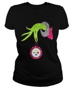 Grinch hand holding Pittsburgh Steelers ornament Ladies Tee