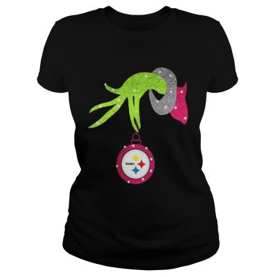 Grinch hand holding Pittsburgh Steelers ornament Ladies Tee