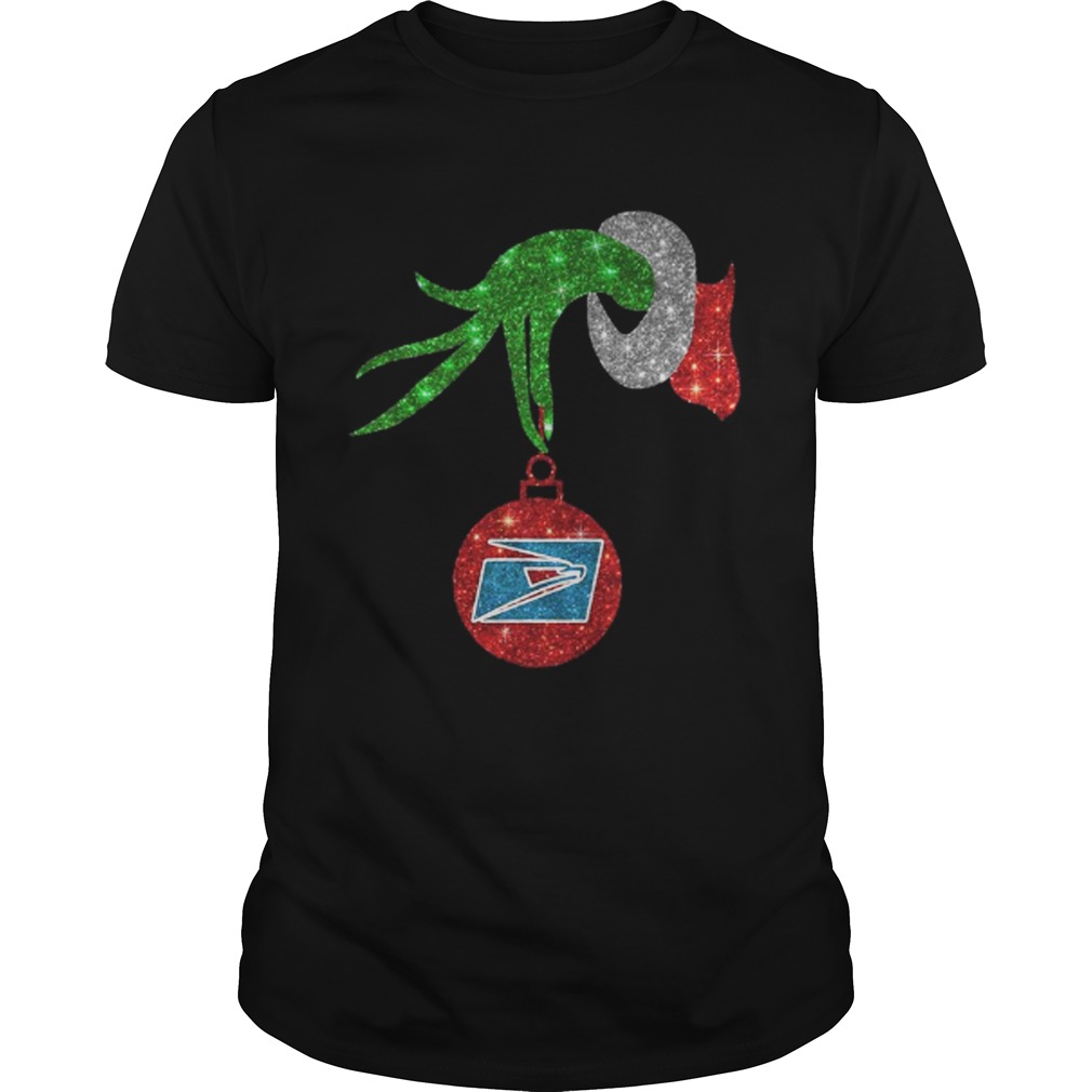 Grinch hand holding US postal service ornament shirt