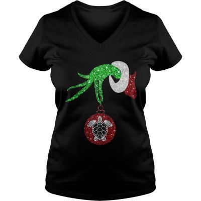 Grinch hand holding turtle ornament VNeck