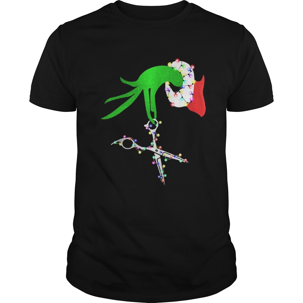 Grinch hand holds scissor hairstylist Christmas shirt