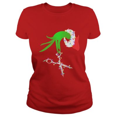 Grinch hand holds scissor hairstylist Christmas Ladies Tee