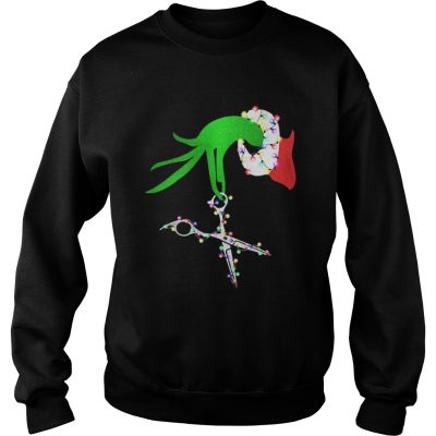 Grinch hand holds scissor hairstylist Christmas Sweatshirt