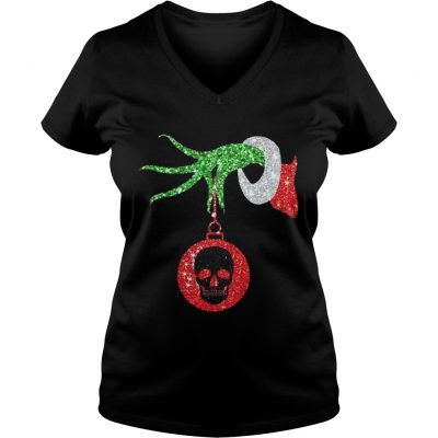 Grinch hand holds skull ornament Christmas VNeck