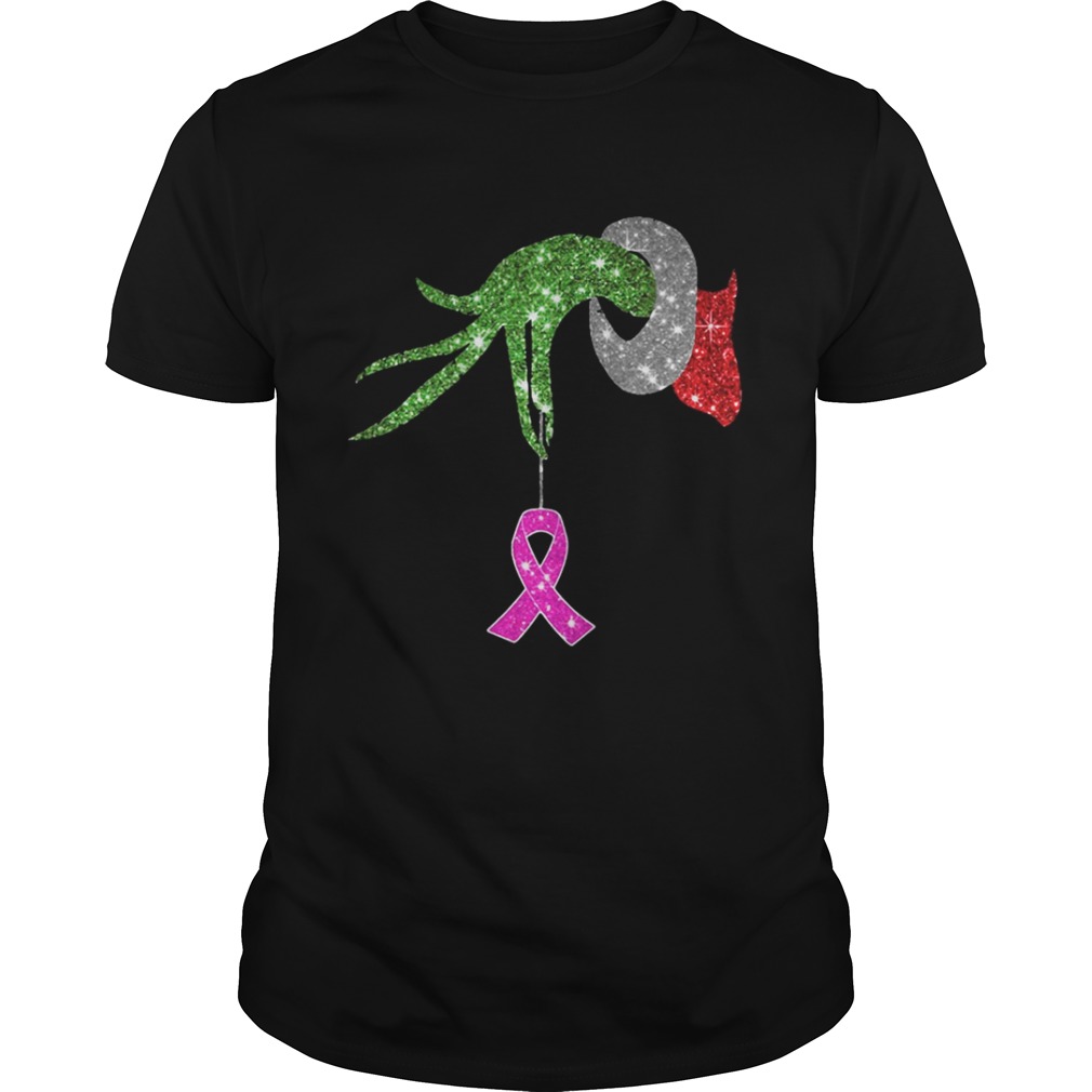 Grinch hand holdings Breast Cancer ornament shirt