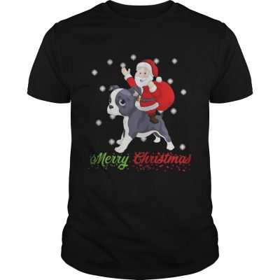 Guys Merry Christmas Santa Claus Riding Boston Terrier Shirt