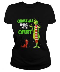 Ladies Tee Grinch and Max christmas begins with christ shirt