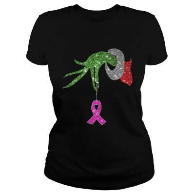 Ladies Tee Grinch hand holdings Breast Cancer ornament