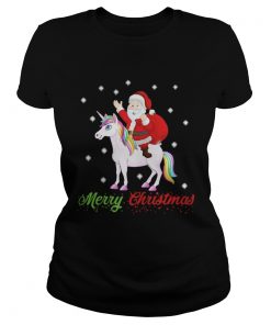 Ladies Tee Merry Christmas Santa Claus Riding A Unicorn Shirt