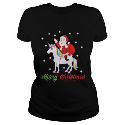 Ladies Tee Merry Christmas Santa Claus Riding A Unicorn Shirt