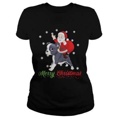 Ladies Tee Merry Christmas Santa Claus Riding Boston Terrier Shirt