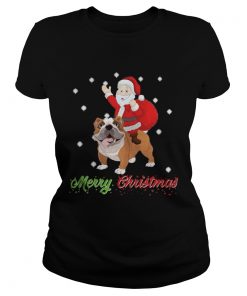 Ladies Tee Merry Christmas Santa Claus Riding Bulldog Shirt