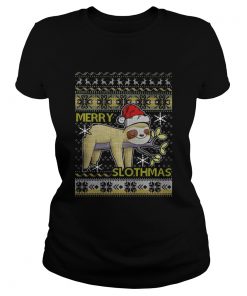 Ladies Tee Merry Slothmas christmas hat