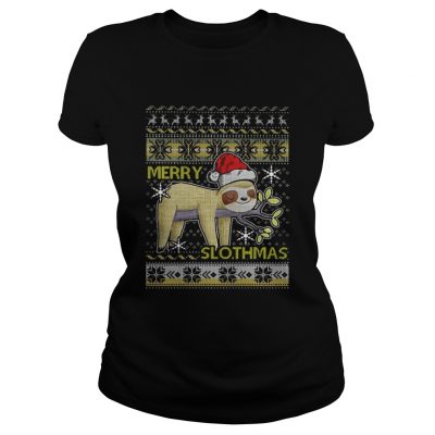 Ladies Tee Merry Slothmas christmas hat