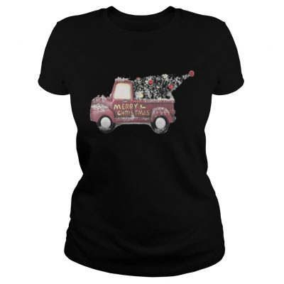 Ladies Tee Red vintage truck with Christmas tree Tee Shirt