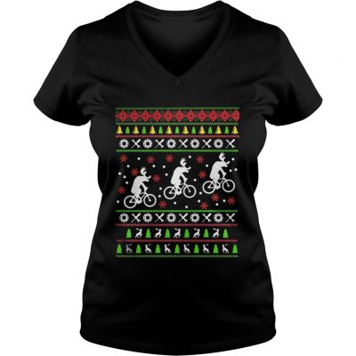 Ladies Vneck Reindeers Riding Bicycles Christmas shirt