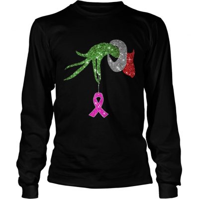 Longsleeve Tee Grinch hand holdings Breast Cancer ornament