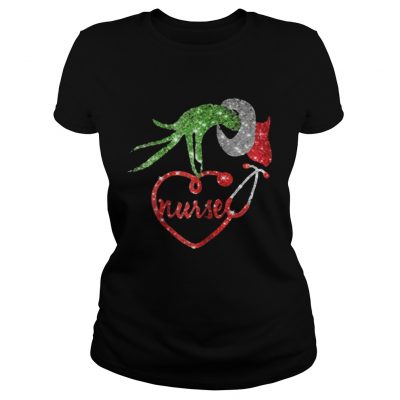 Nurse Grinch hand holding stethoscope Christmas Ladies Tee