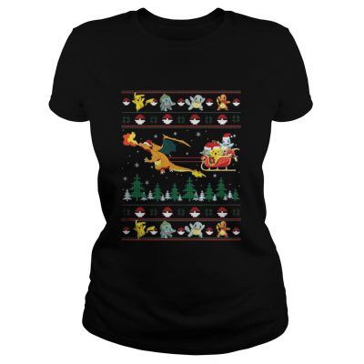 Pokemon and Dinosaur Santa Hat christmas Ladies Tee