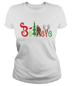 Santa Bigfoot believe Merry Christmas Ladies Tee