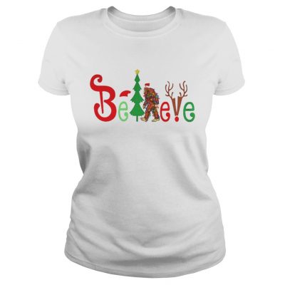 Santa Bigfoot believe Merry Christmas Ladies Tee