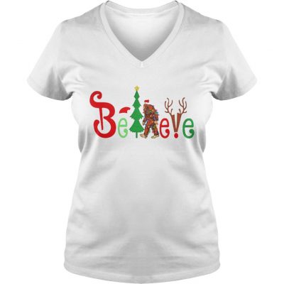 Santa Bigfoot believe Merry Christmas VNeck