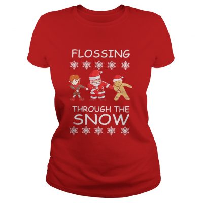 Santa Claus flossing through the snow Christmas Ladies Tee