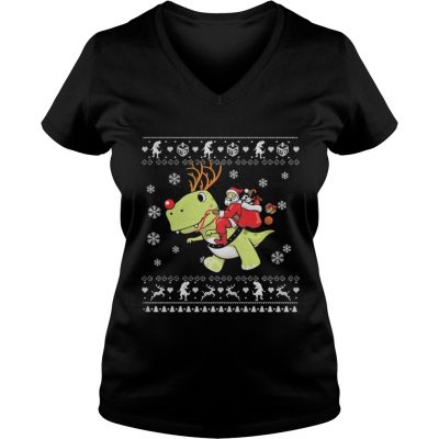 Santa Claus riding T-rex Dinosaur Christmas VNeck