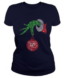 Santa Grinch holding Walgreen ornament Christmas Ladies Tee