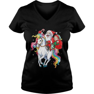 Santa and Elf riding Unicorn christmas Vneck