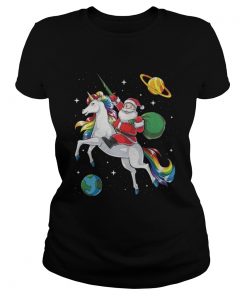 Santa riding Unicorn in space Christmas Ladies Tee