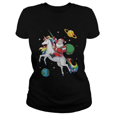 Santa riding Unicorn in space Christmas Ladies Tee