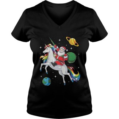 Santa riding Unicorn in space Christmas VNeck